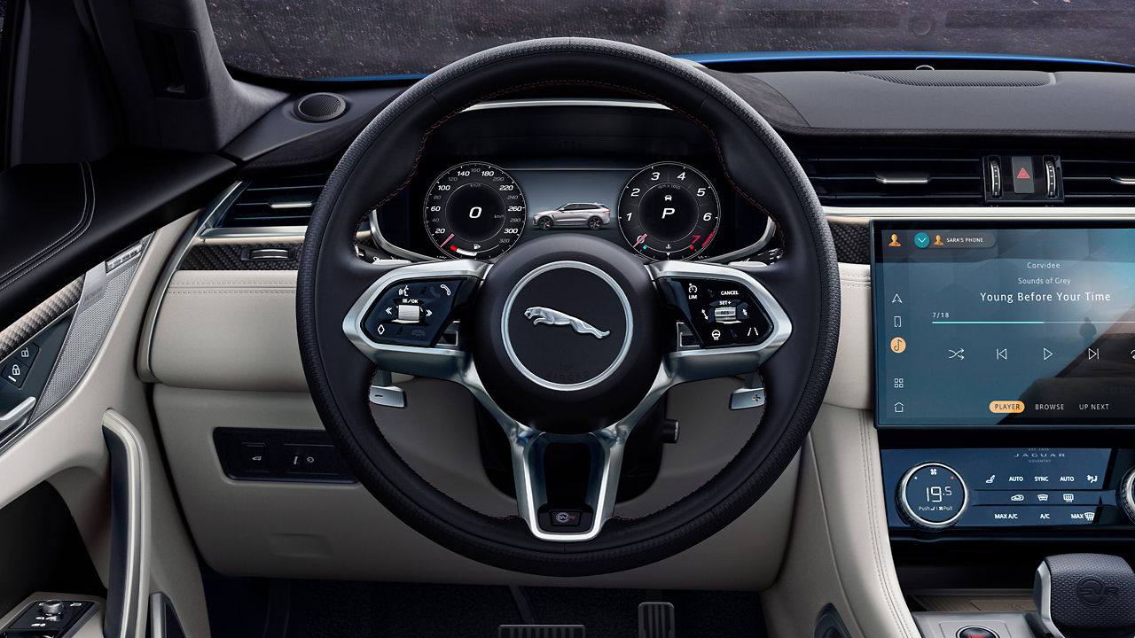 Jaguar close-up of the steering wheel and controllers