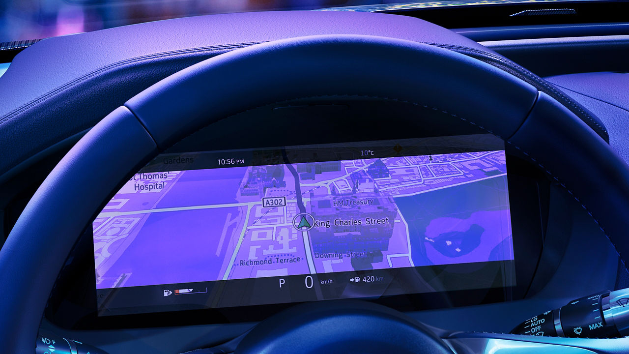 Extreme crop of interior steering wheel and display 