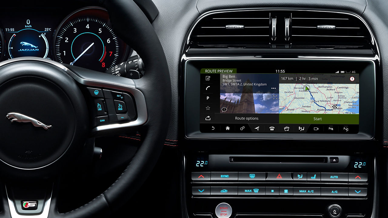 Jaguar XE interior view with GPS activated on screen