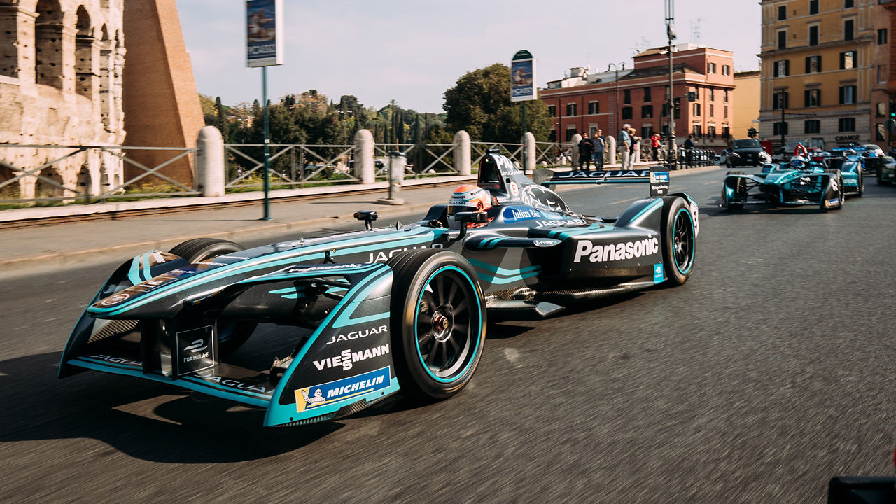 Jaguar Racing Car running on tracker 