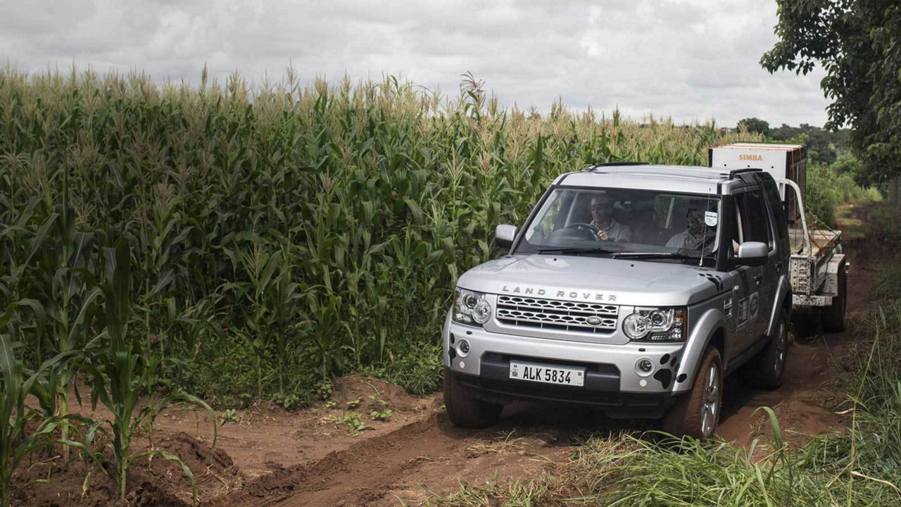 Land Rover Discovery driving through a crop farm